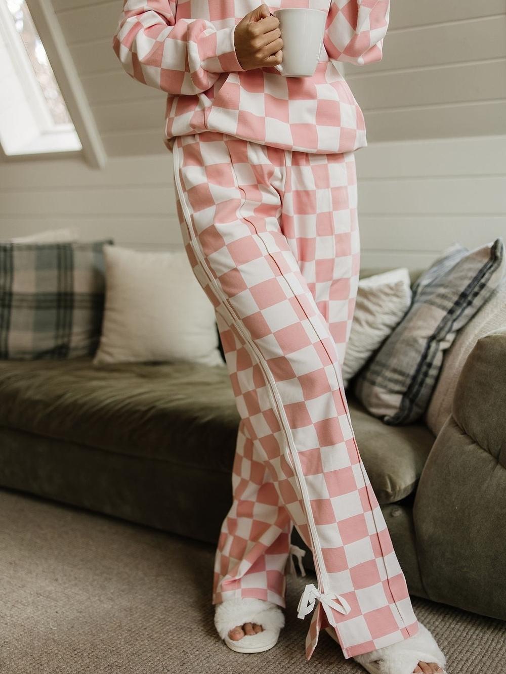 Women's Pink Checkered Lounge Pants (Wide Leg Bow Comfs)